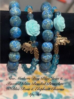 BEAUTIFUL BLUE JEAN & FACETED GLASS BEADBRACELETS W/BLUE ROSE & ELEPHANT  4PC
